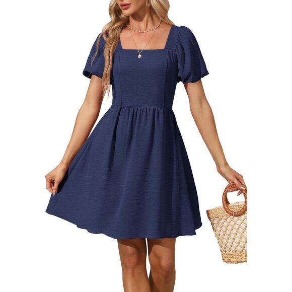 Ofeefan Dresses & Skirts - Ofeefan Women Navy Blue Puff Sleeve Square Neck Tie in Back Dresses with Zipper
